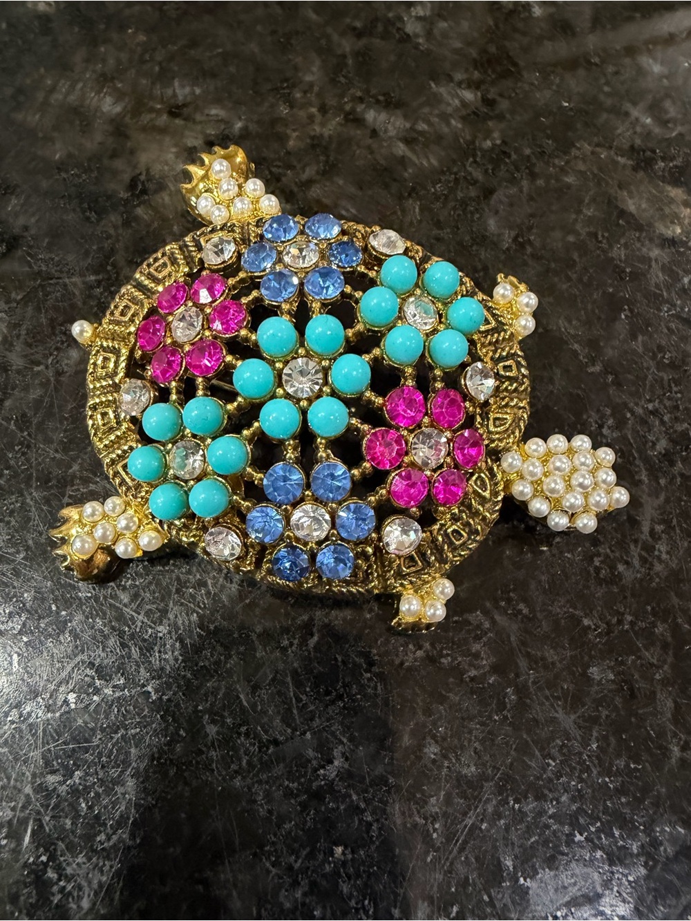 Gold-Tone Floral Turtle Brooch with Turquoise, Pearl, Pink & Blue Crystals